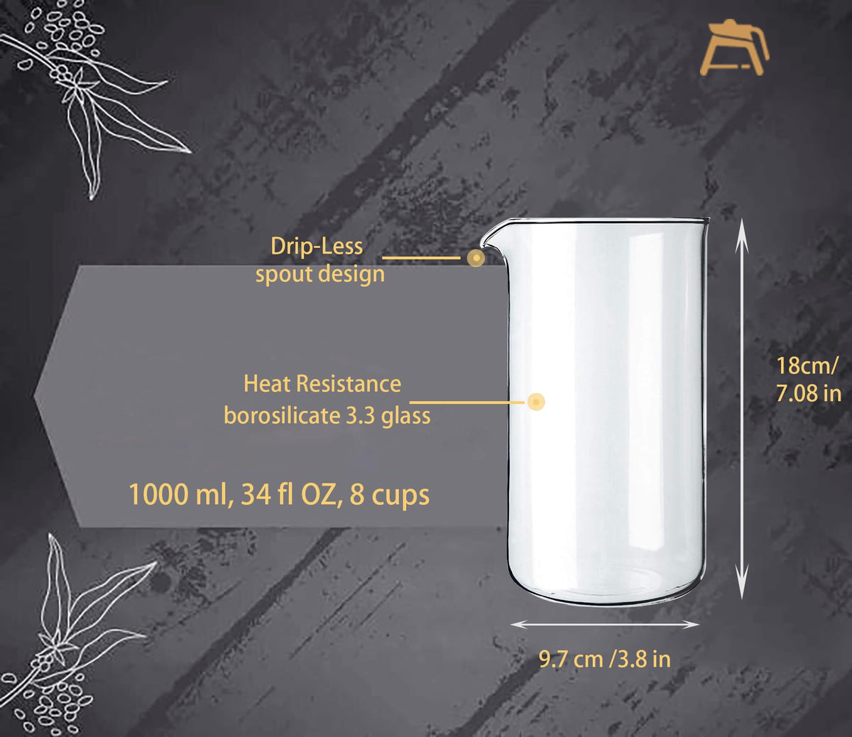 34 oz Borosilicate Glass French Press Replacement Beaker B6774