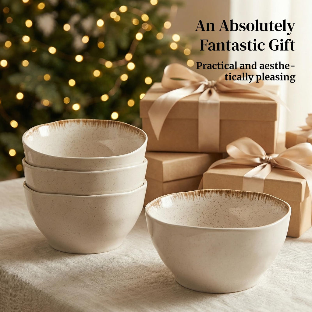 30 OZ Ceramic Soup Bowls Set of 4 Beige U5693