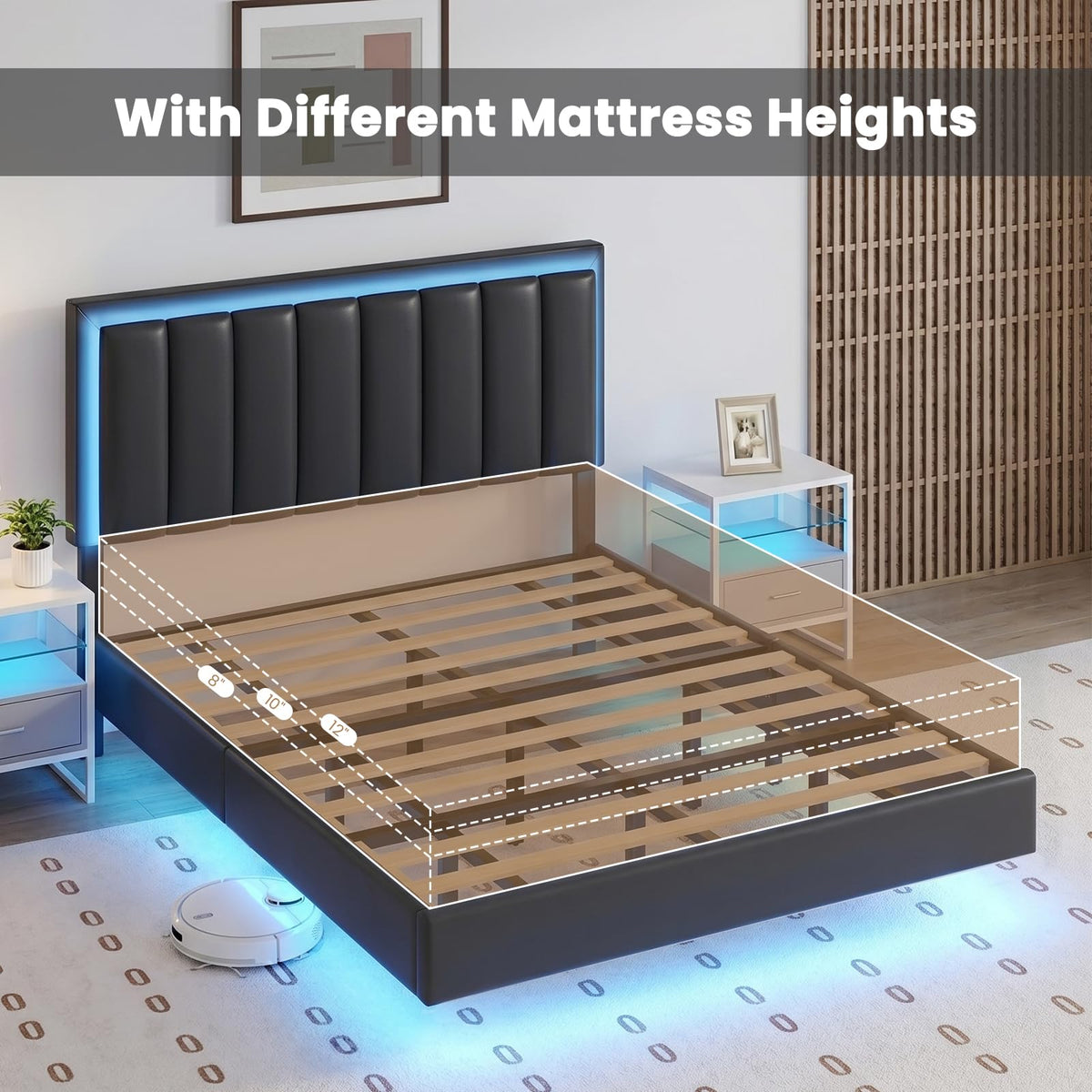 Black Full Size Floating Bed Frame with LED Lights J205