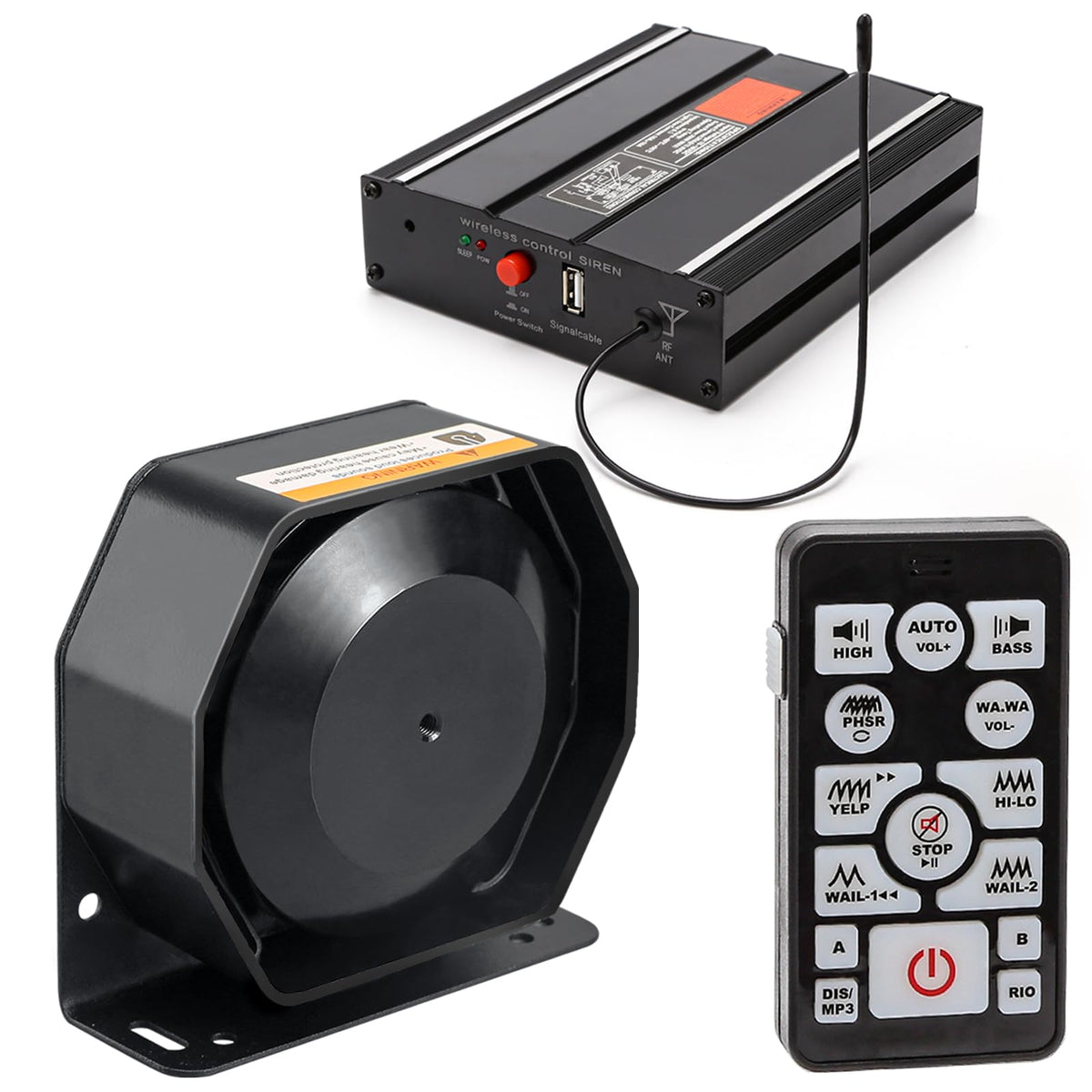 200W 12V Emergency Siren PA System with Slim Speaker, Wireless Remote Handheld Microphone J741901