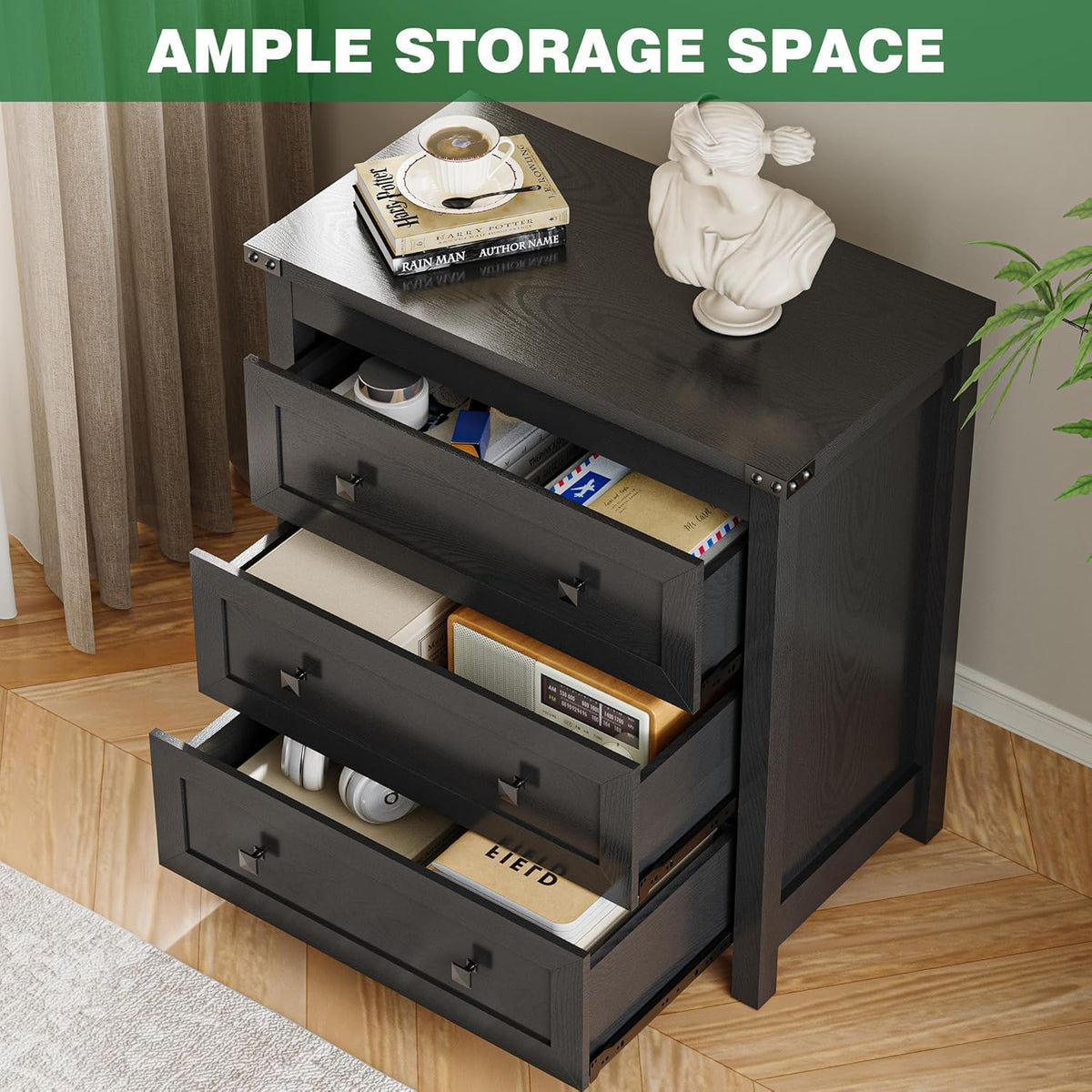 27.6" Wide Black 3 Drawer Wood Nightstand S568120