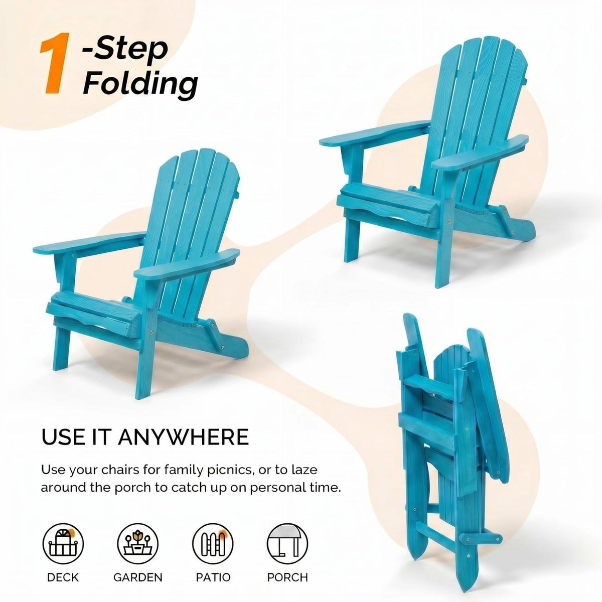 Folding Adirondack Chairs Set of 2 Solid Wood Turquoise Blue K82906