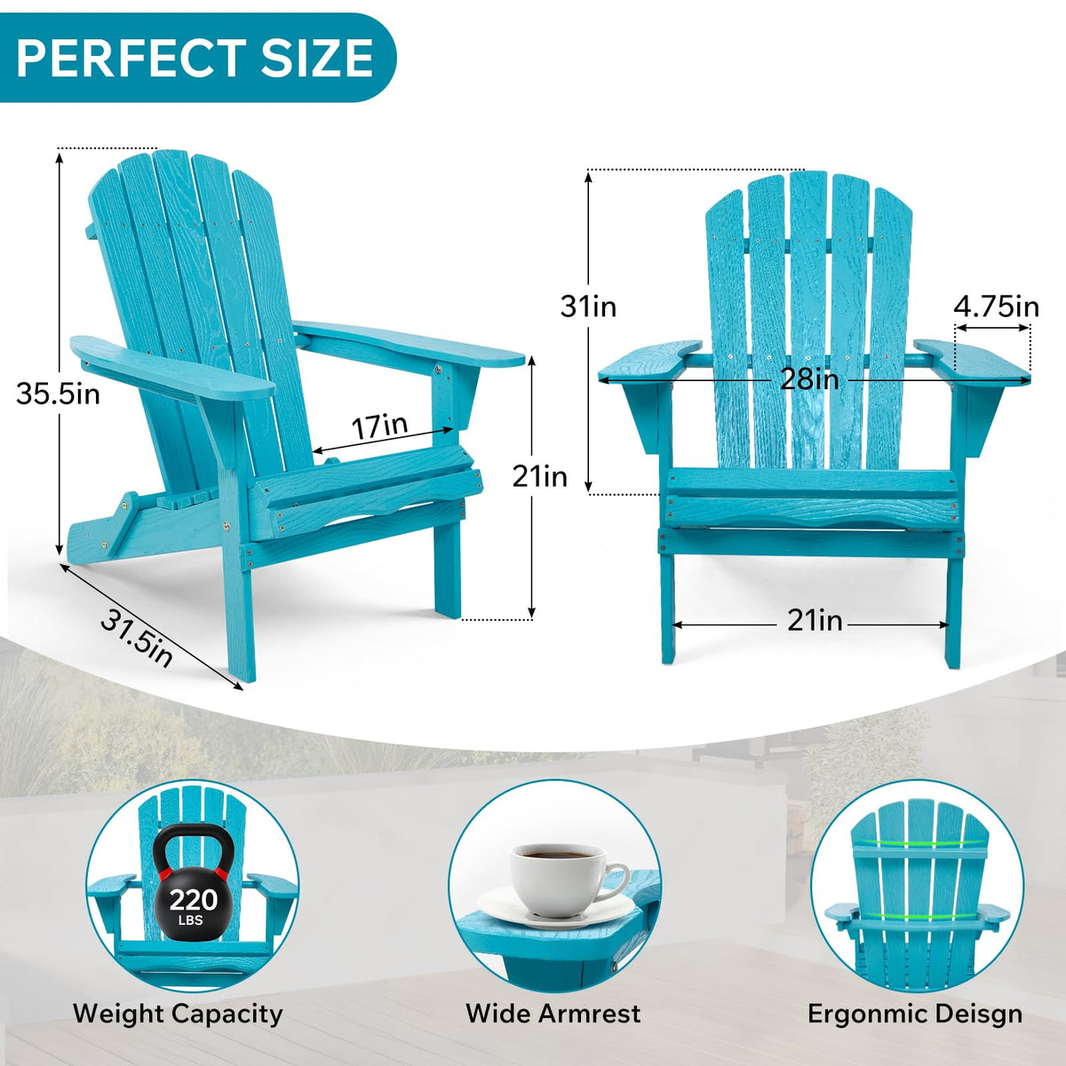 Folding Adirondack Chairs Set of 2 Solid Wood Turquoise Blue K82906