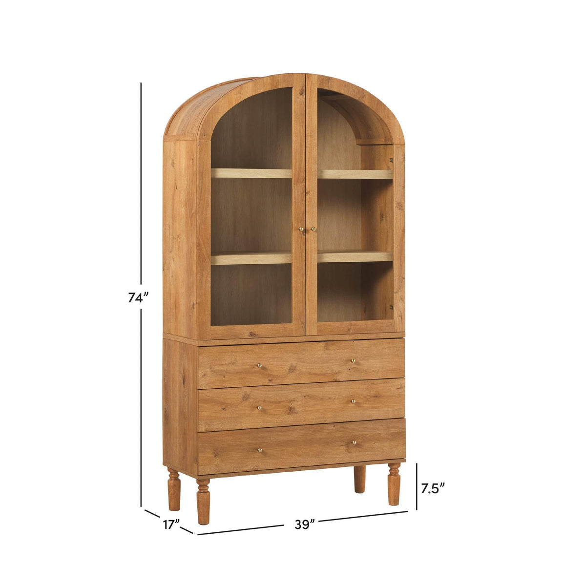 74 Inch English Oak Bookshelf Cabinet with Glass Doors S552569