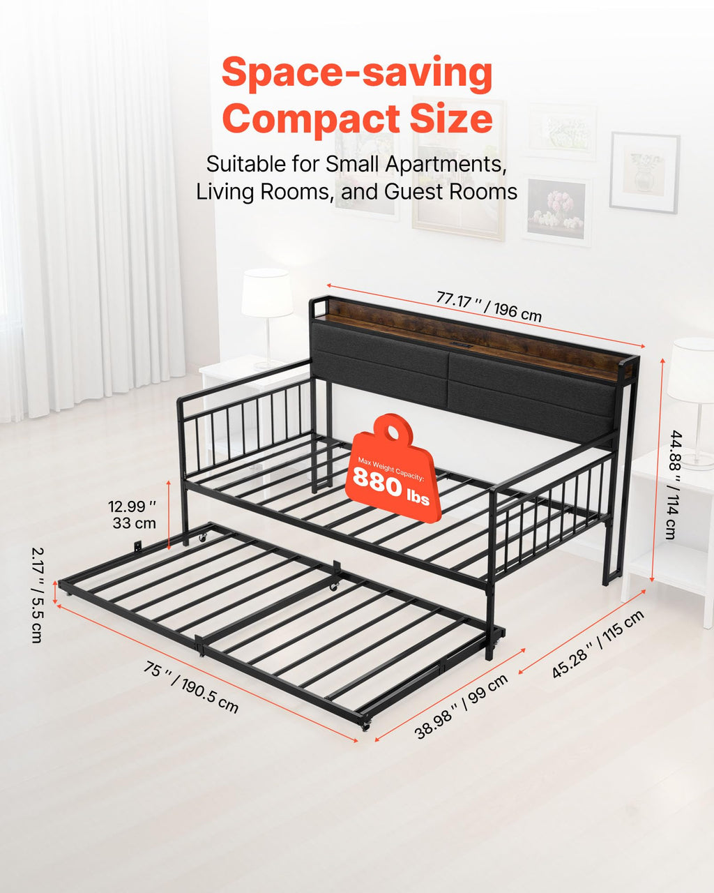 Twin Size Metal Daybed with Trundle V66245