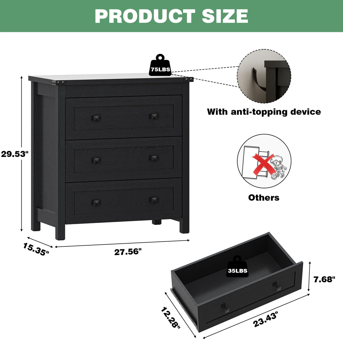27.6" Wide Black 3 Drawer Wood Nightstand S568120