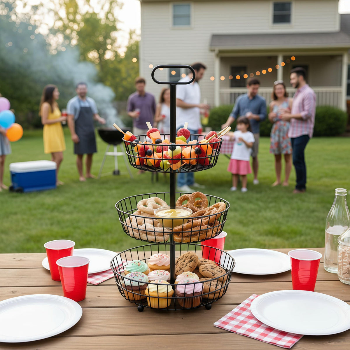 3-Tier Metal Round Standing Fruit Basket with Handle S6358
