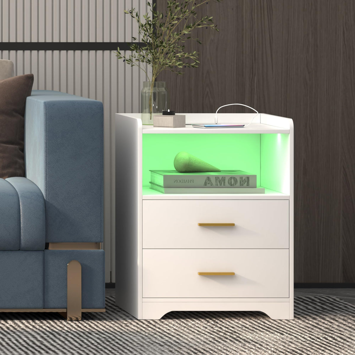 White Nightstand with Charging Station K908289