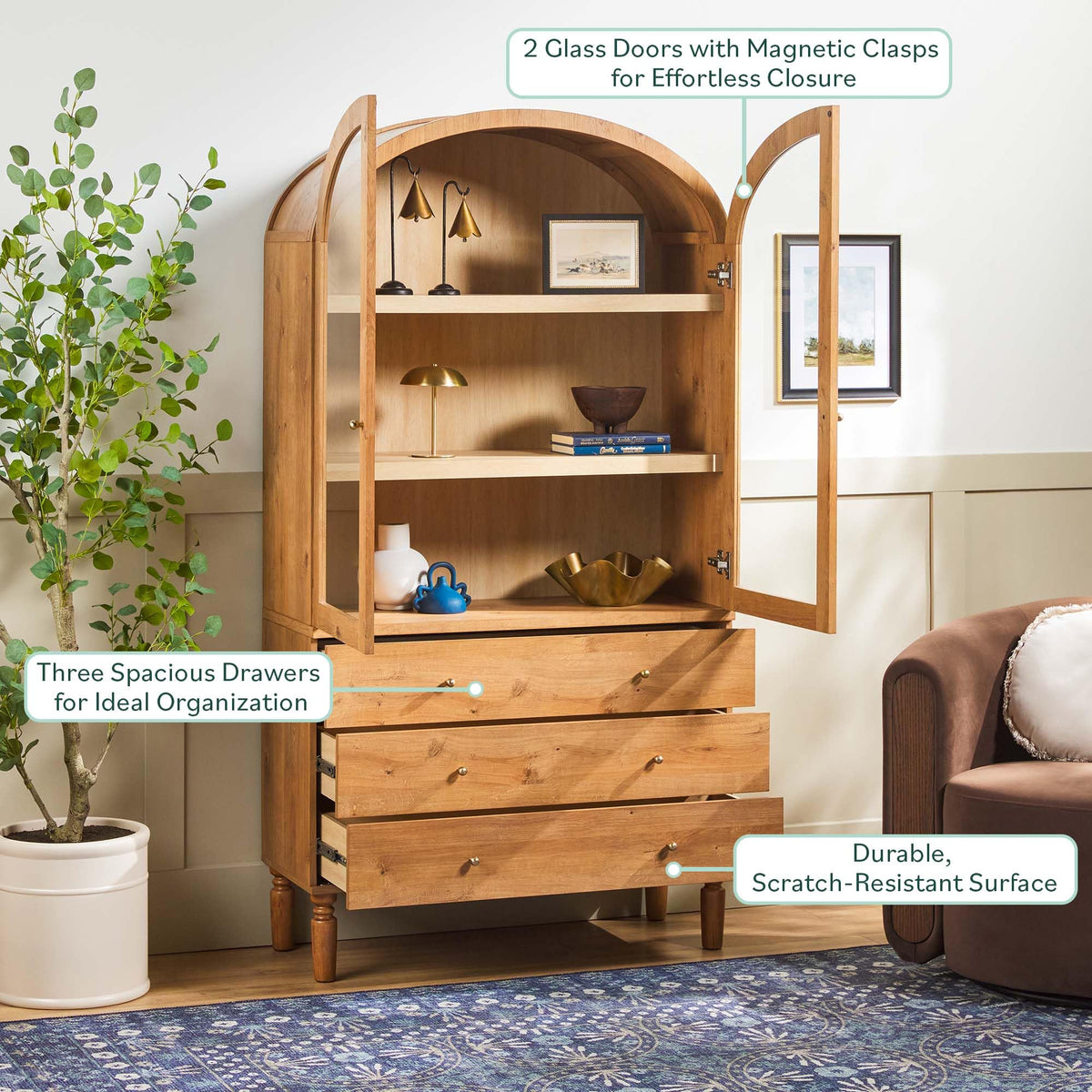 74 Inch English Oak Bookshelf Cabinet with Glass Doors S552569