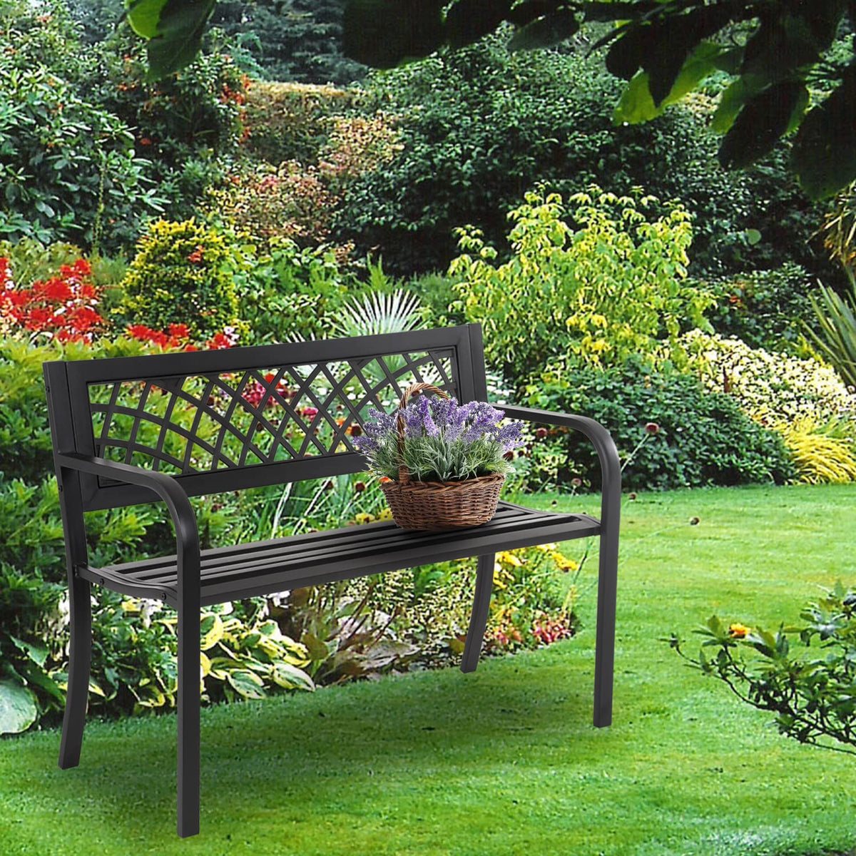 4 Feet Heavy-Duty Metal Patio Bench with Backrest Armrests K3514