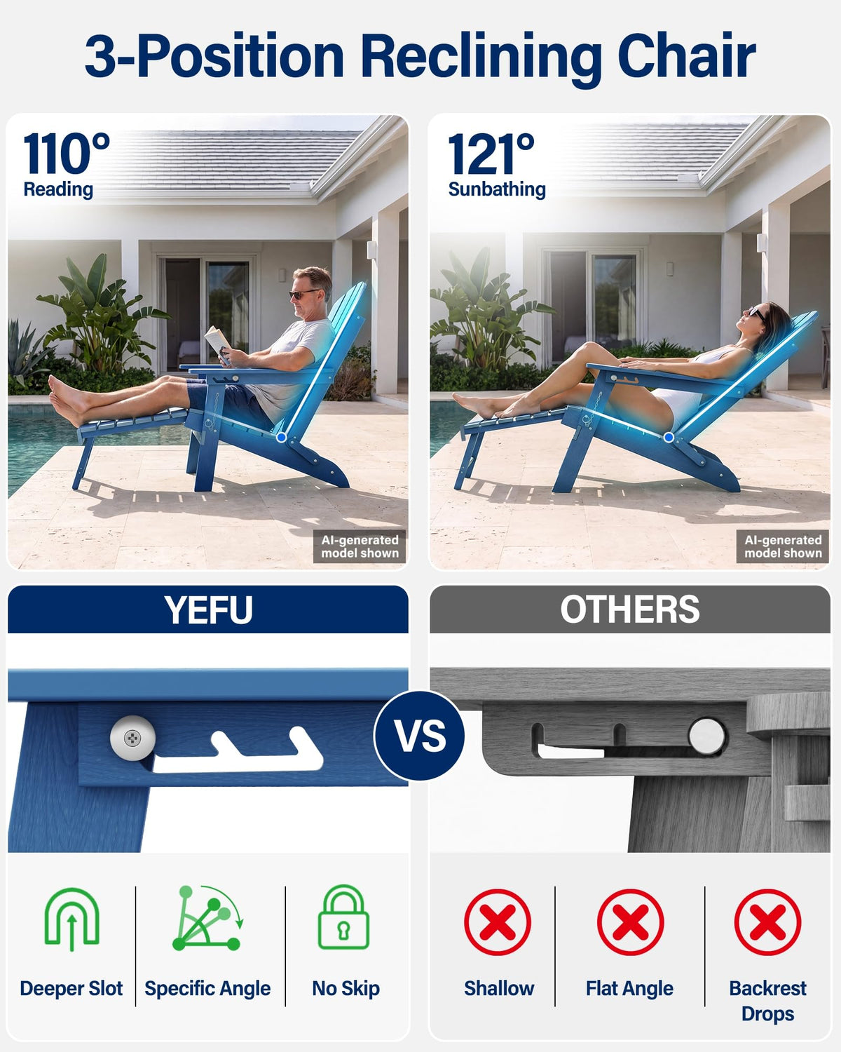 Blue HDPE Adirondack Chairs with Footrest Set of 4 H59904