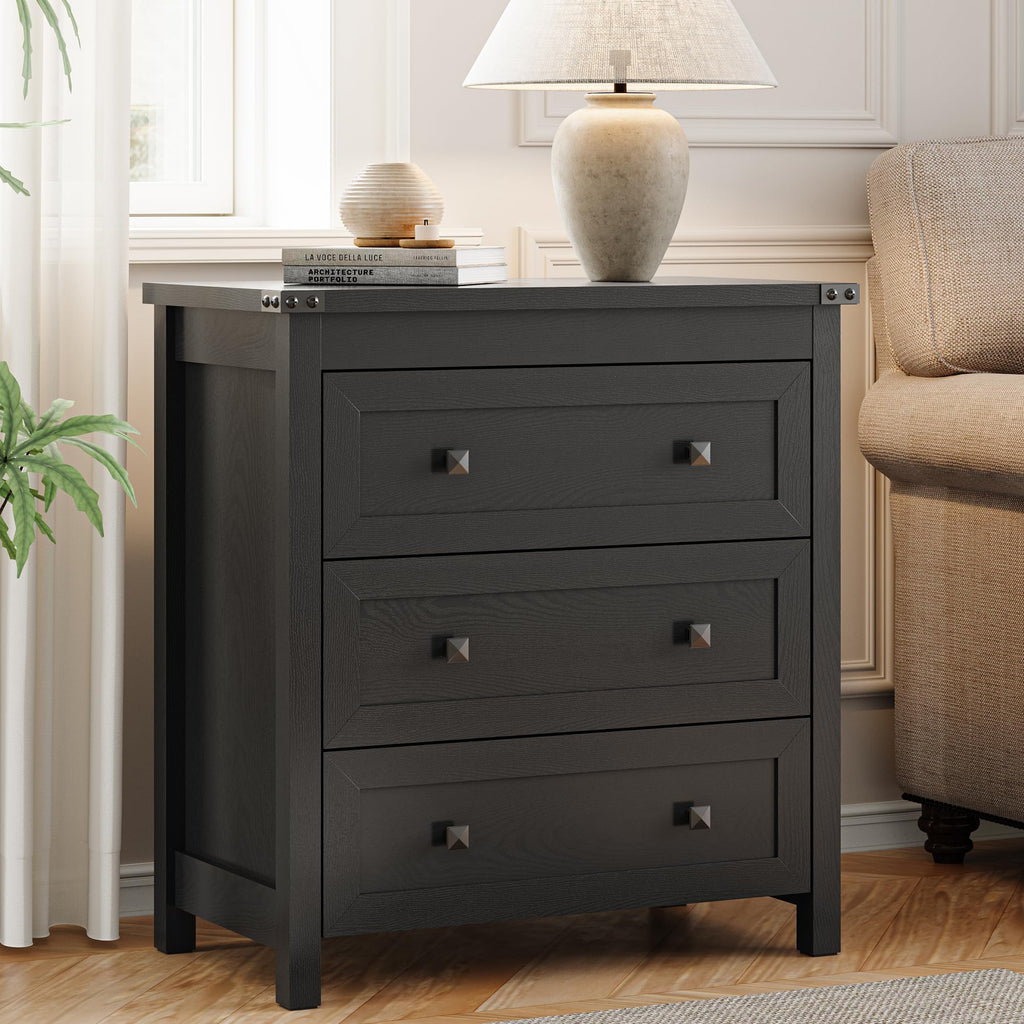 27.6" Wide Black 3 Drawer Wood Nightstand S568120