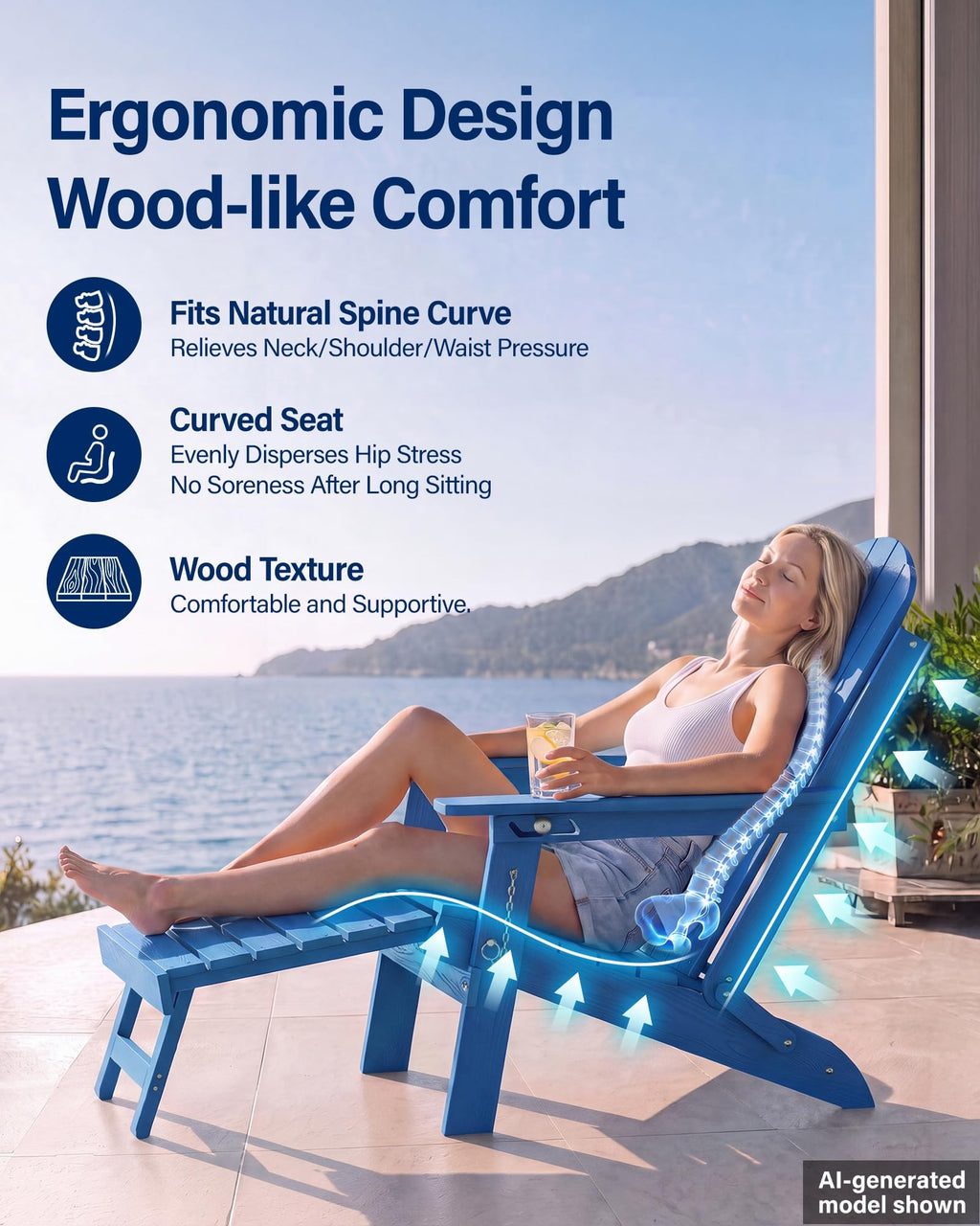 Blue HDPE Adirondack Chairs with Footrest Set of 4 H59904