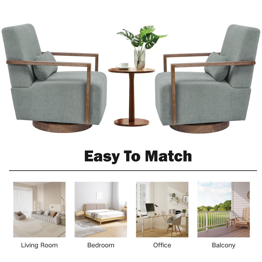 Green Swivel Accent Arm Chair Set of 2 with Solid Wood Base S8007