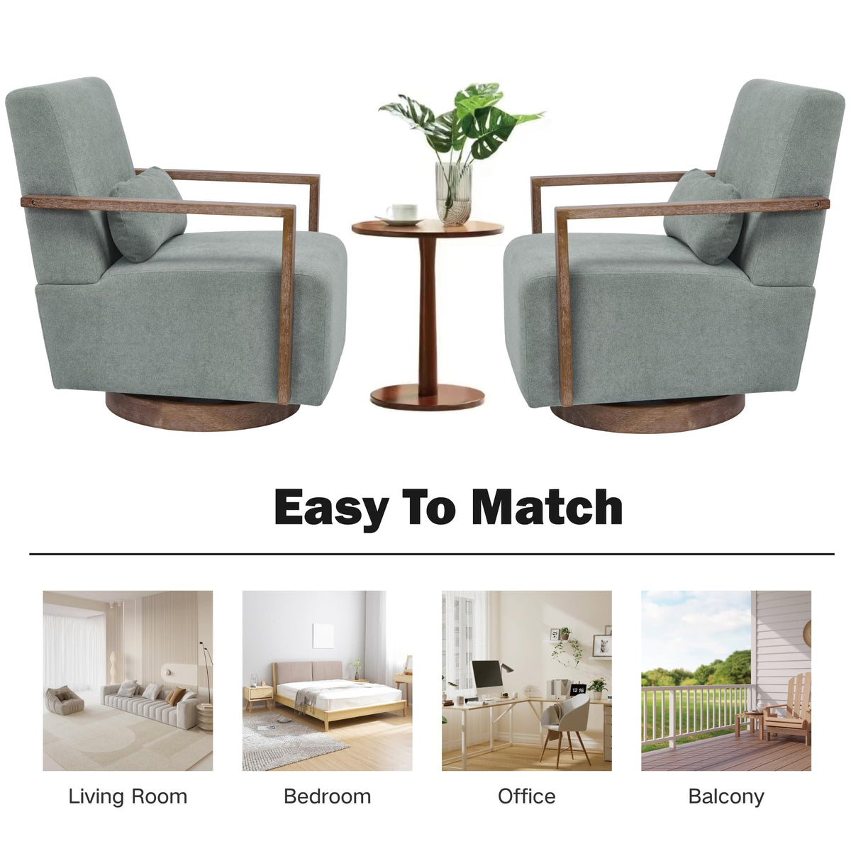 Green Swivel Accent Arm Chair Set of 2 with Solid Wood Base S8007