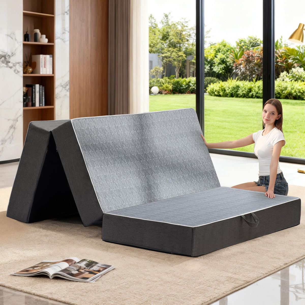 Queen Size 6 Inch Memory Foam Tri Folding Mattress I8850