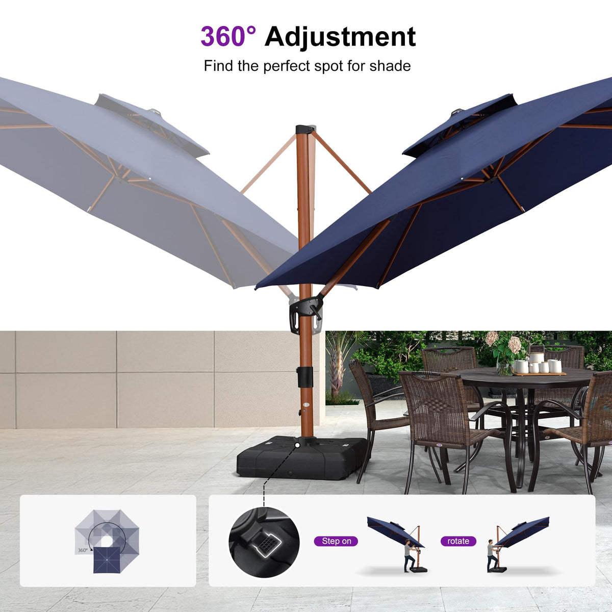 10ft Double Top Wood-Grain Finish Navy Blue Patio Umbrella G32109