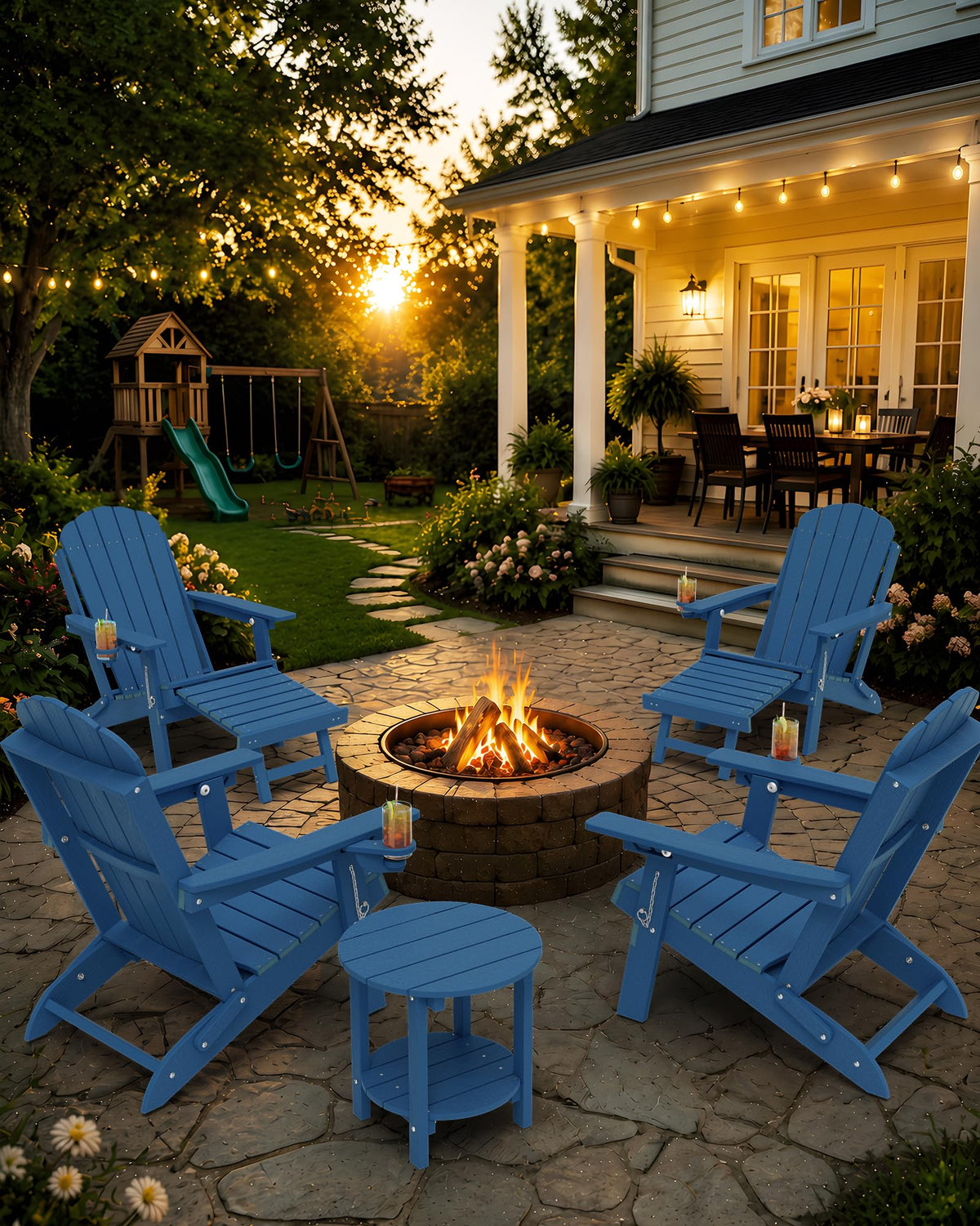 Blue HDPE Adirondack Chairs with Footrest Set of 4 H59904