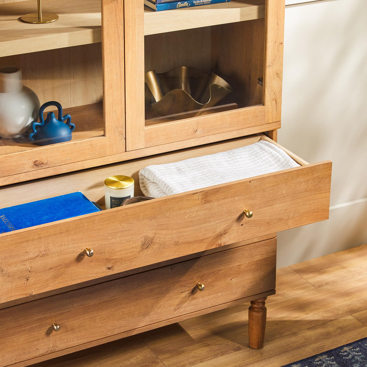 74 Inch English Oak Bookshelf Cabinet with Glass Doors S552569