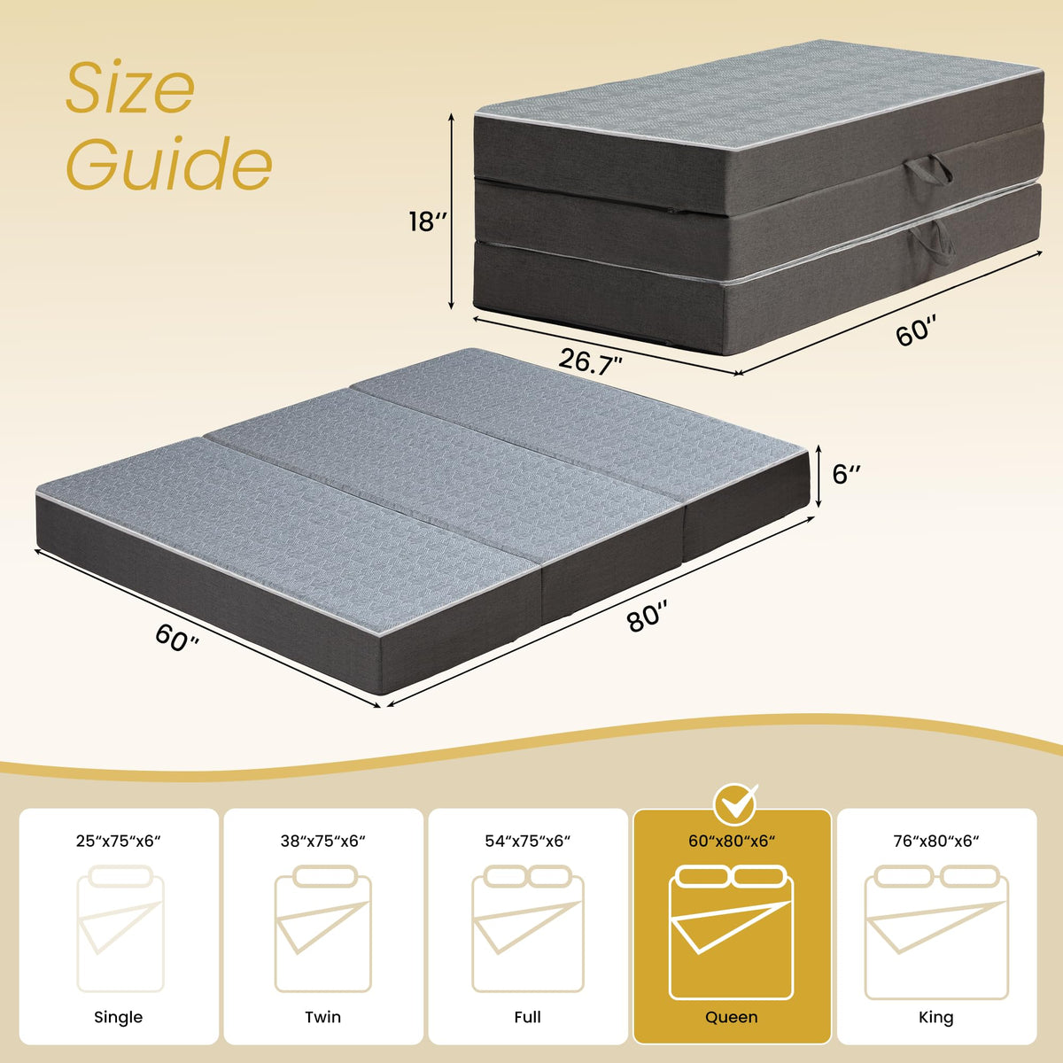 Queen Size 6 Inch Memory Foam Tri Folding Mattress I8850