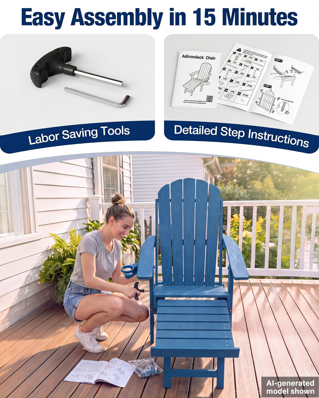 Blue HDPE Adirondack Chairs with Footrest Set of 4 H59904