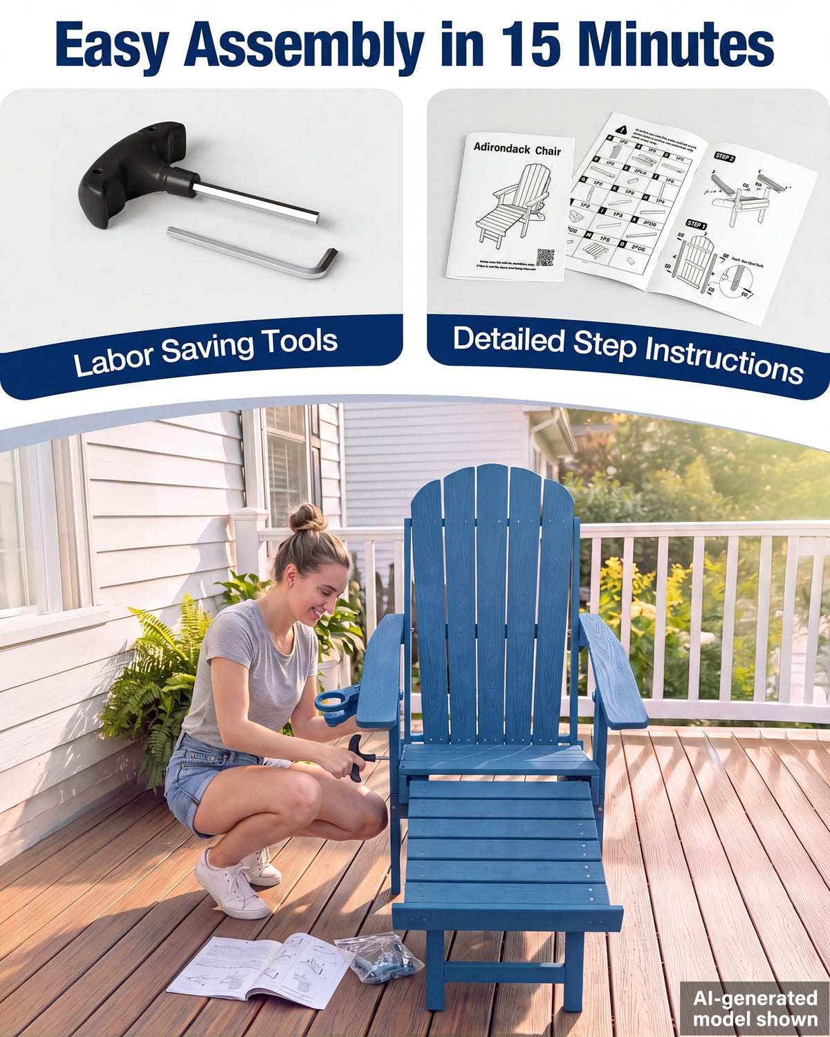 Blue HDPE Adirondack Chairs with Footrest Set of 4 H59904