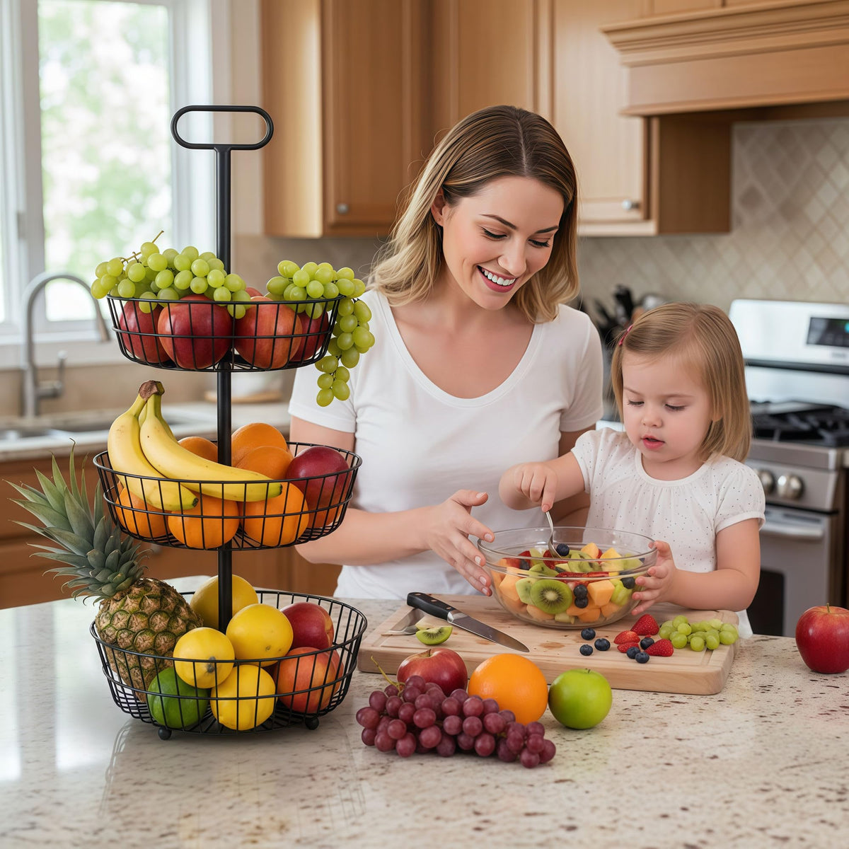 3-Tier Metal Round Standing Fruit Basket with Handle S6358