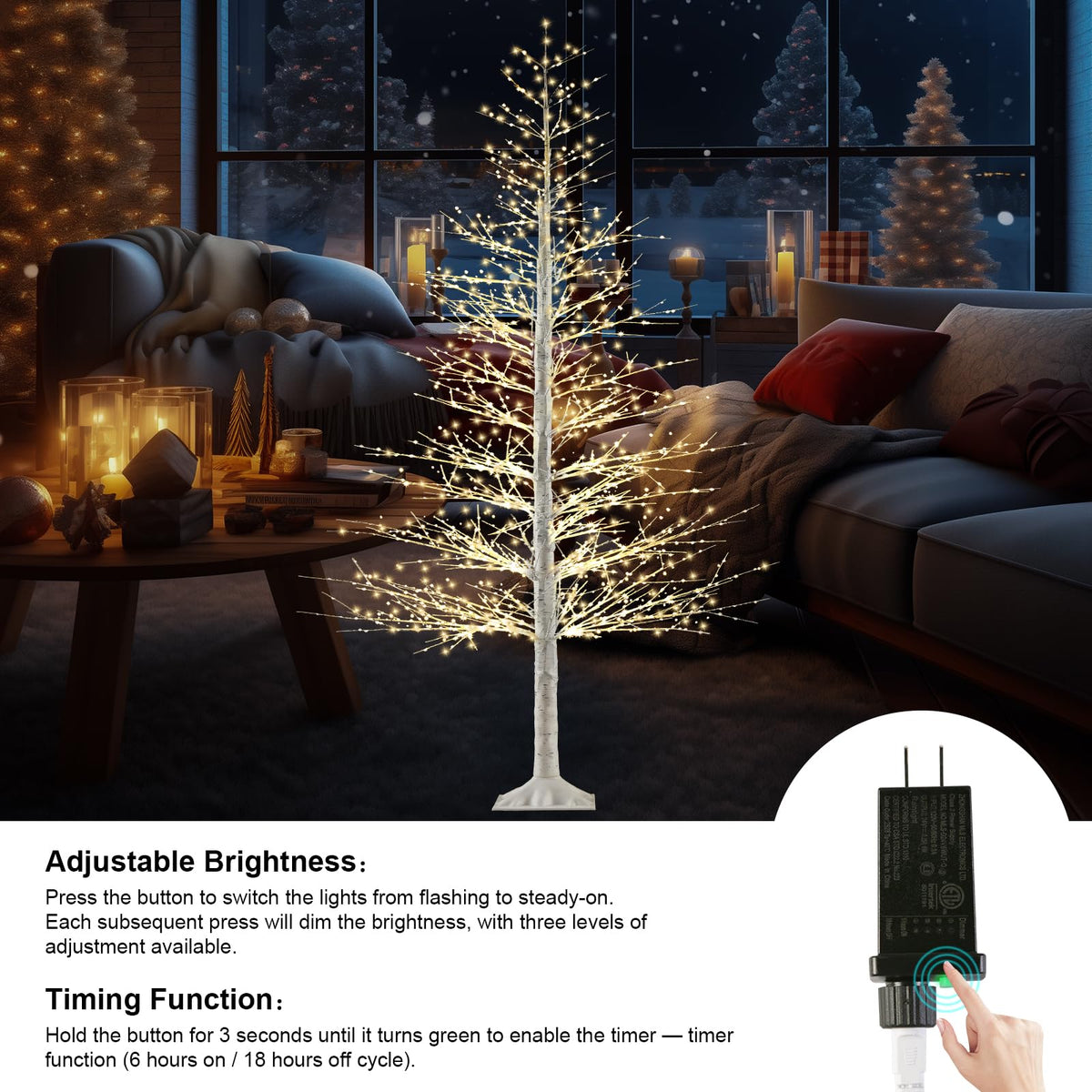 7FT Lighted Birch Tree with 1500 Warm LED Lights F6391