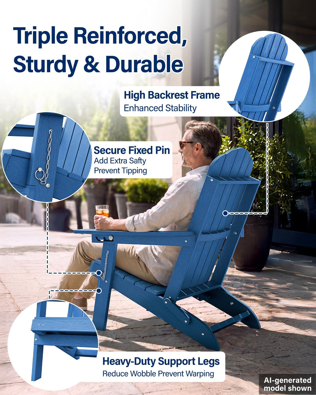 Blue HDPE Adirondack Chairs with Footrest Set of 4 H59904