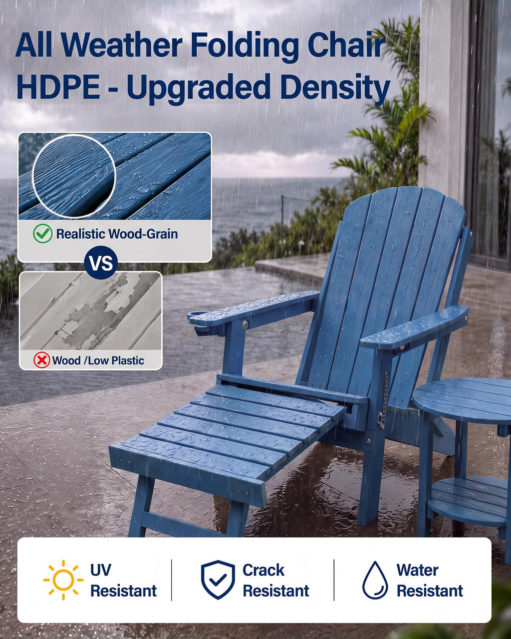 Blue HDPE Adirondack Chairs with Footrest Set of 4 H59904