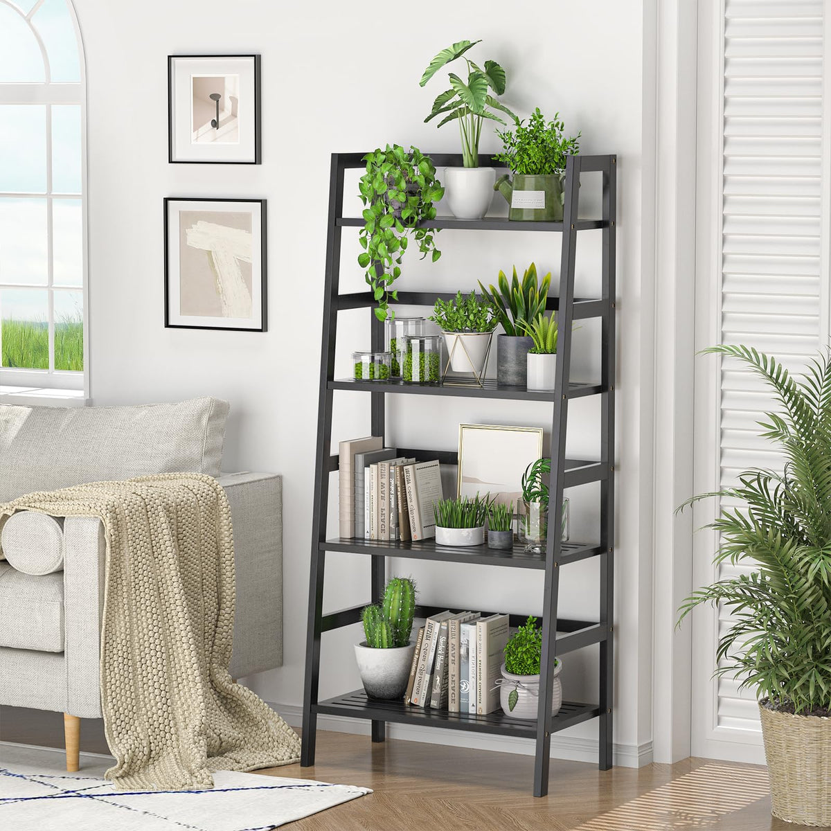 Black 4-Tier Bamboo Ladder Shelf V26824