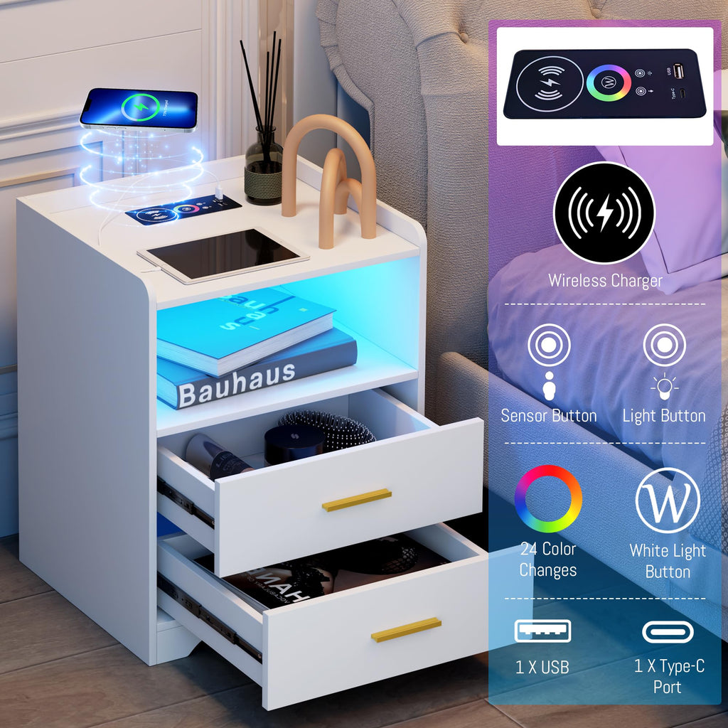 White Nightstand with Charging Station K908289