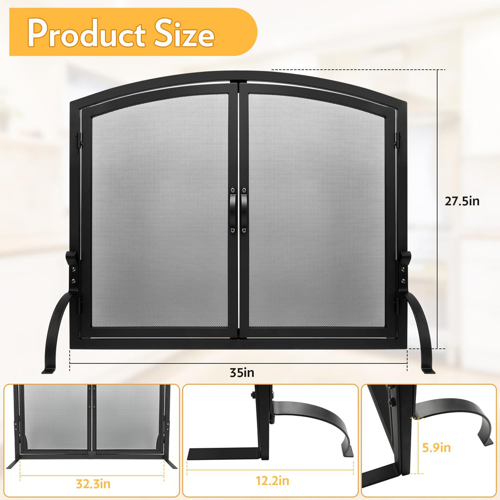35"x27" Arched Black Fireplace Screen with Magnetic Double Doors S420915
