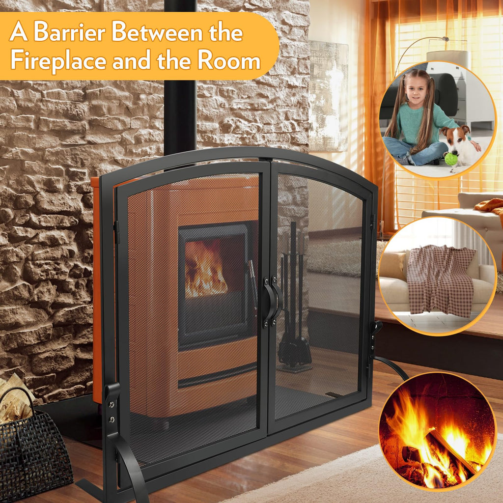 35"x27" Arched Black Fireplace Screen with Magnetic Double Doors S420915