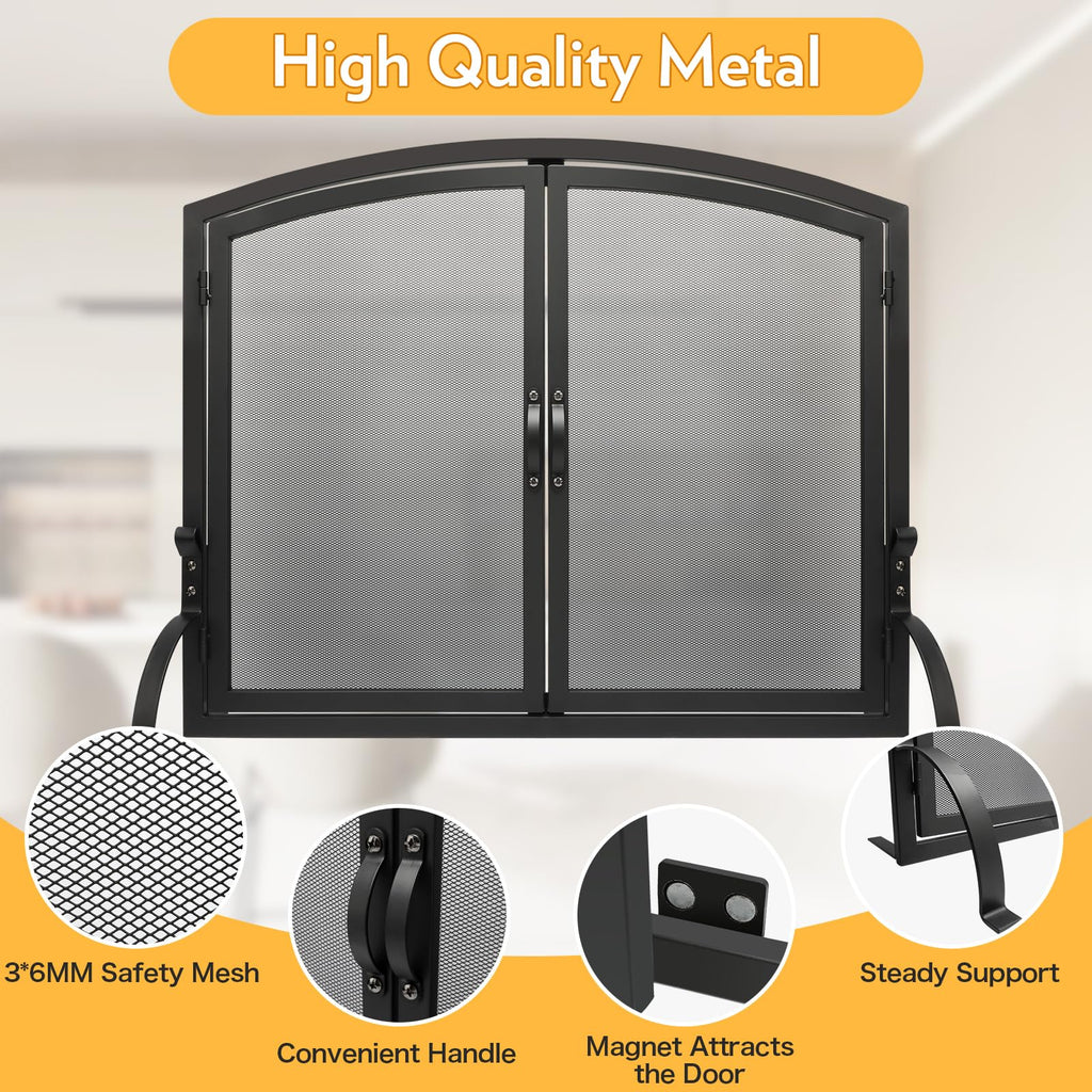 35"x27" Arched Black Fireplace Screen with Magnetic Double Doors S420915
