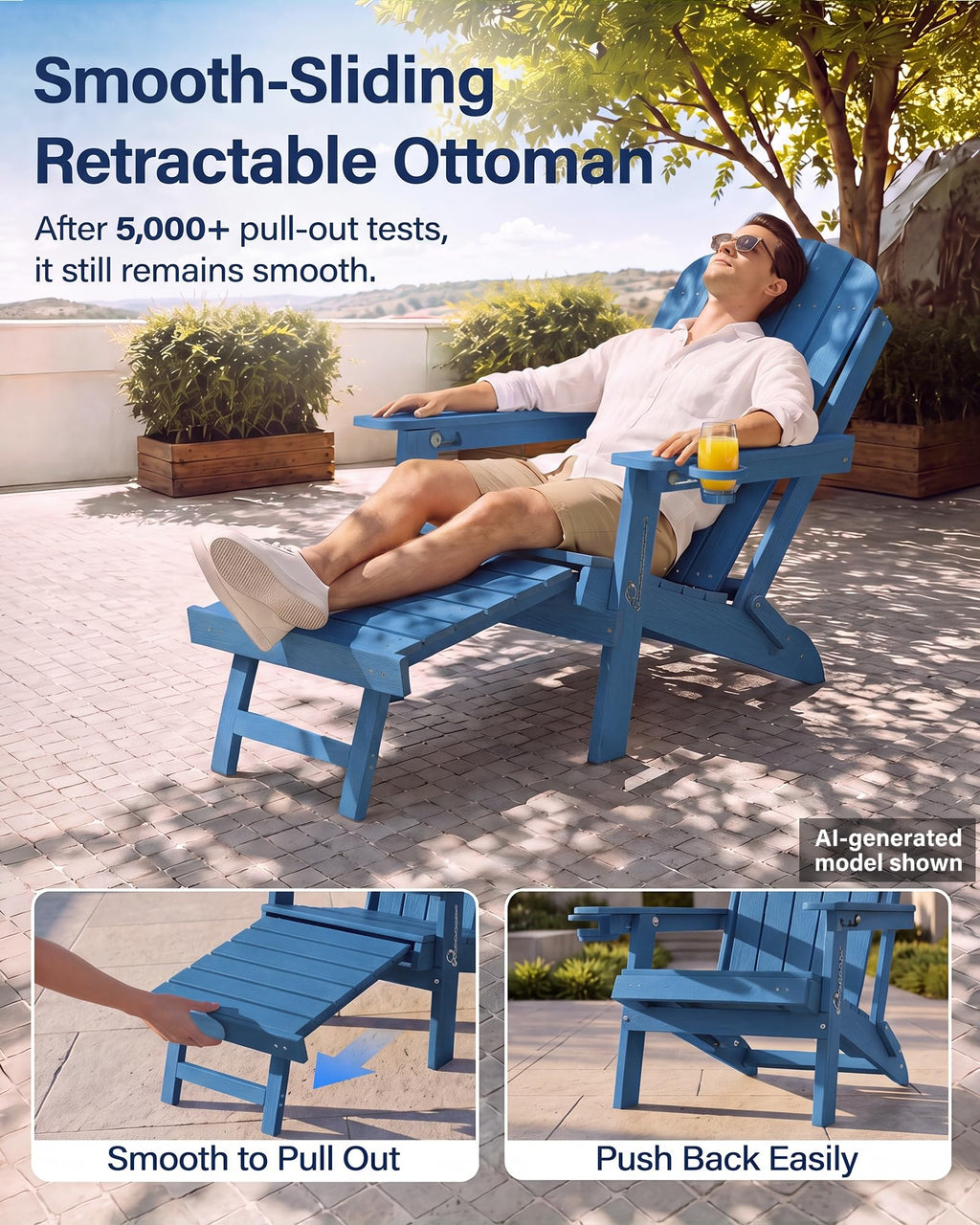 Blue HDPE Adirondack Chairs with Footrest Set of 4 H59904
