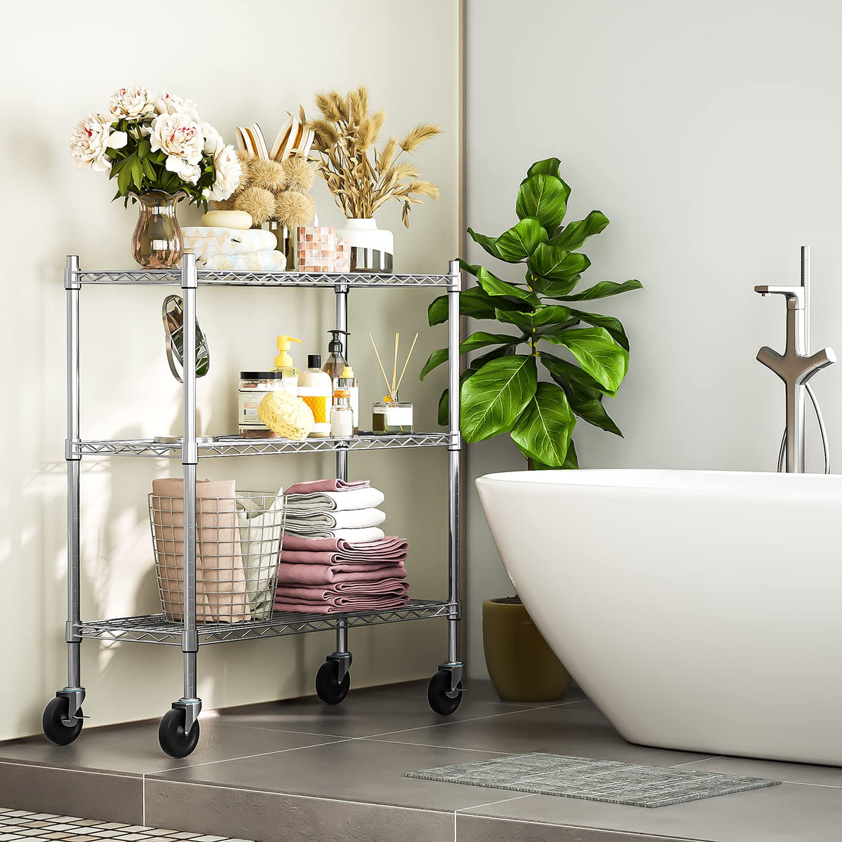 3-Tier Heavy Duty Metal Storage Shelves with Casters Y955