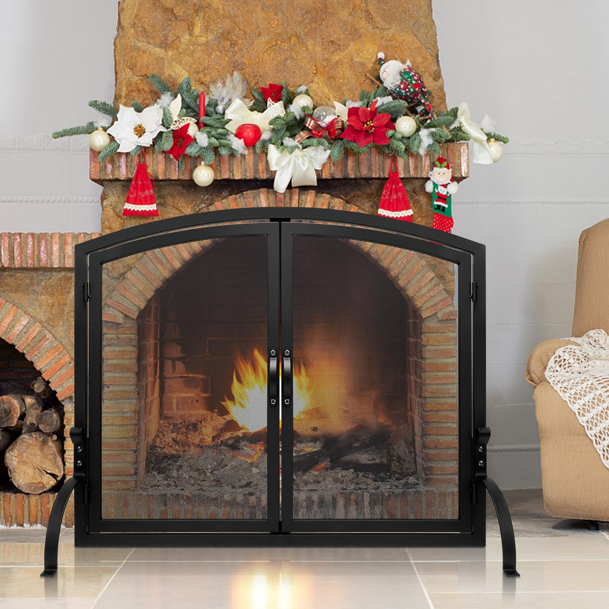 35"x27" Arched Black Fireplace Screen with Magnetic Double Doors S420915