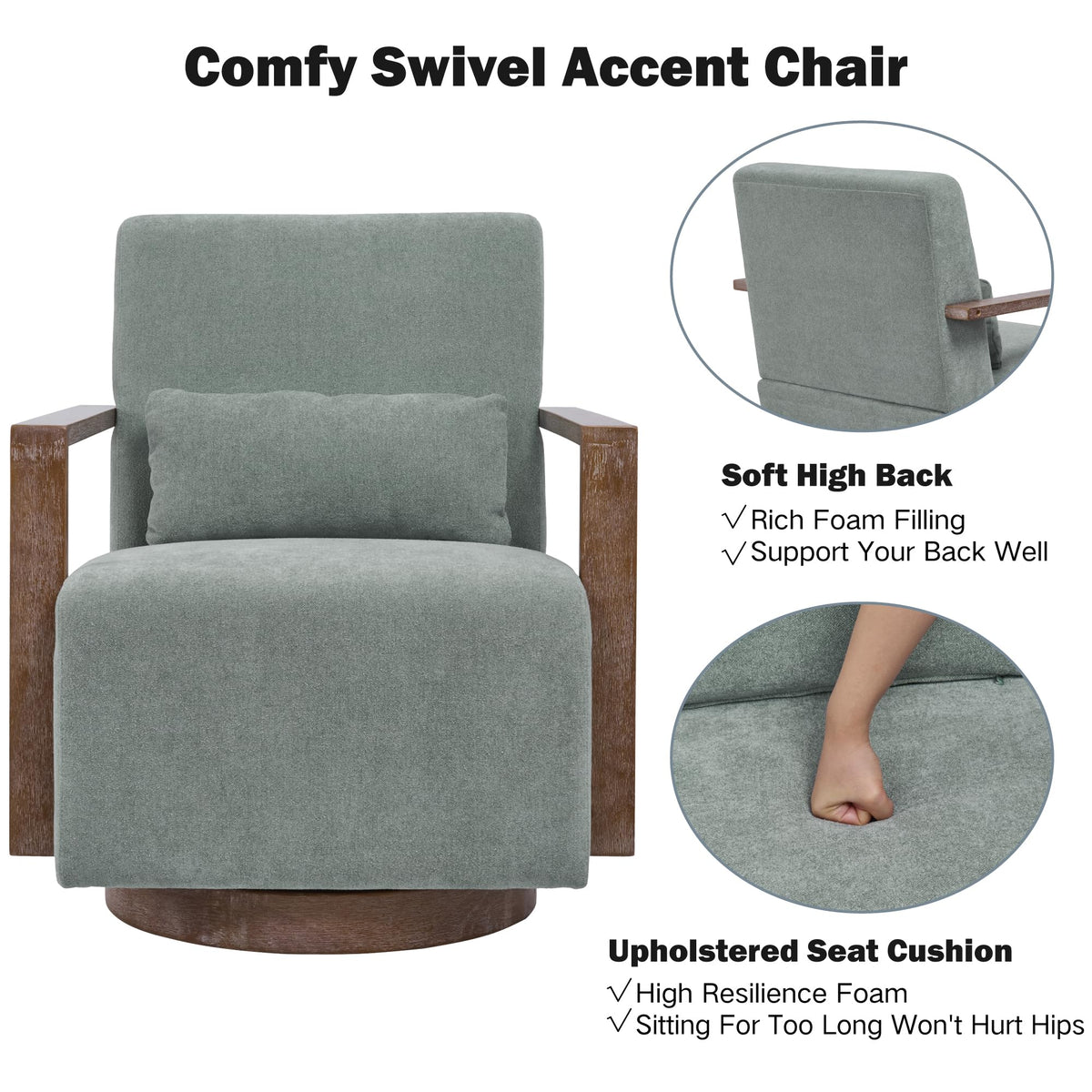 Green Swivel Accent Arm Chair Set of 2 with Solid Wood Base S8007