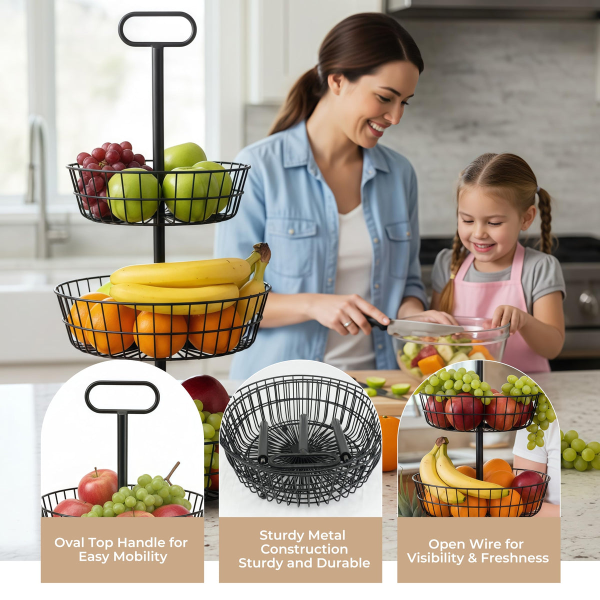 3-Tier Metal Round Standing Fruit Basket with Handle S6358