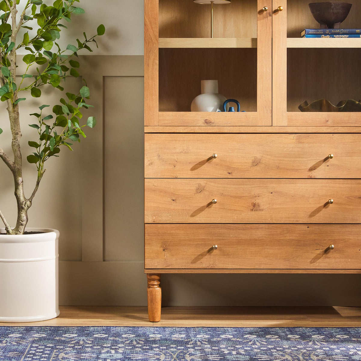 74 Inch English Oak Bookshelf Cabinet with Glass Doors S552569