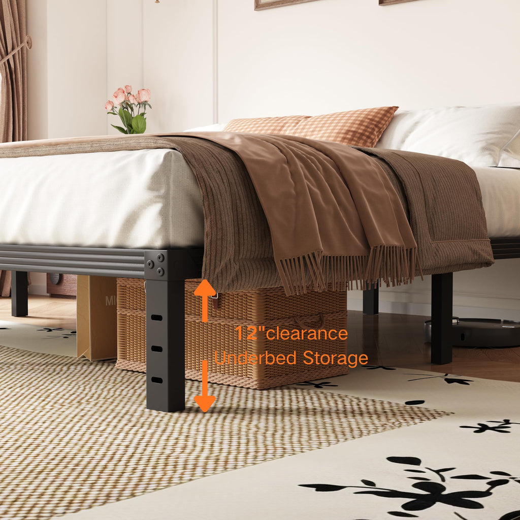 14 Inch Metal Queen Bed Frame with Storage, Black O841